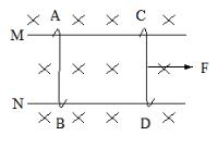 如图所示，M和N是两条在同一水平面内且互相平行的光滑导轨，其上放有两根与导轨垂直的导体棒AB和CD，