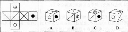 左边给定的是纸盒外表面的展开图。右边哪一项能由它折叠而成？ A.B.C.左边给定的是纸盒外表面的展开