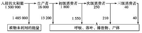 下图为生态系统中食物链所反映出的能量流动情况，图中箭头符号为能量的流动方向，单位为kcal／m3／年