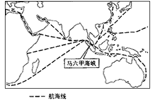 读“马六甲海峡航线”示意图，回答：（1）马六甲海峡位于                     半岛