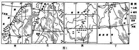 读图1的四个地区的沼泽地分布图，回答问题．小题1:图l中四个地区的沼泽形成与永久性冻土相关的有A．甲