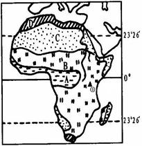 读图“非洲大陆自然带分布图”完成下列任务：（17分）（1)从图中可以看出,非洲自然带大体以为对称轴,