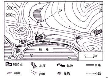 阅读材料，完成下列各题。（32分）材料一：图中ABCDE为浙江某地的5个小村庄，其中D是浙江省生态文