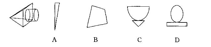 左边的图形是圆柱体和四棱锥体的组合，如果从任一面剖开，以下哪一个不可能是该立体。图形的截面？A.左边