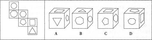 左边给定的是纸盒外表面的展开图，右边哪一项能由它折叠而成？ A.B.C.左边给定的是纸盒外表面的展开