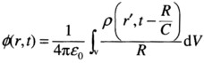 已知在体积V中存在随时间t变化的电荷分布ρ（r,t)，它在空间任意点r产生的标量位可表示为： 其中，