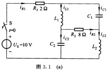 电路如图3．1（a)所示，开关S在t=0时断开，断开前电路处于稳定状态，试求t=0＋时各元件中电流及