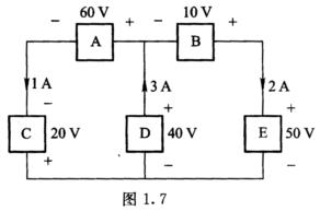 电路如图1．7所示，求：元件的功率，并说明哪些元件是电源，哪些元件是负载？电源发出的功率和负载吸收的