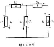 在题1．5．9图中，5个元器件代表电源或负载。电流和电压的参考方向如图中所示。通过实验测量得知 I1