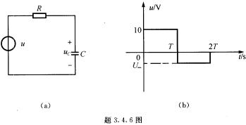 有一RC电路，如题3．4．6图（a)所示，其输入电压如题3．4．6图（b)所示。设脉冲宽度T＝RC．