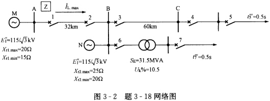 在图3—2所示的网络中，各线路均装有距离保护，试对其中保护1的相间短路保护Ⅰ、Ⅱ、Ⅲ段进行整定计算。