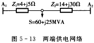 某两端供电网络如图5—13所示。已知负荷S=60＋j25MVA，母线A1的电压，母线A2的电压，阻抗