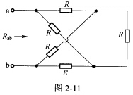 （华南理工大学2010年考研试题)如图2一11所示电路，所有电阻均为R，其等效电阻Rab=_____