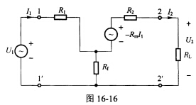 （北京大学2005年考研试题)如图16一16所示的含受控电压源（一RmI1)双端口网络，其1－1端用