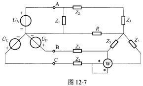 （清华大学2005年考研试题)已知如图12—7所示电路中对称三相电源线电压，阻抗Z1=50＋j50Ω