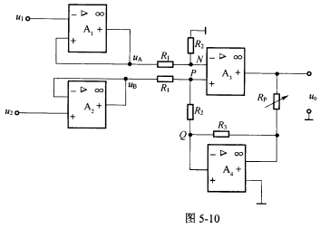 （北京大学2005年考研试题)一种增益线性调节的差动放大器电路如图5一10所示，前置级A1、A2起隔