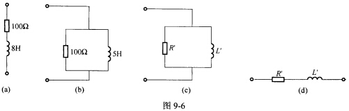 （北京大学2006年考研试题)当ω=1000rad／s时，求图9－6（a)所示串联电路的并联等效电路