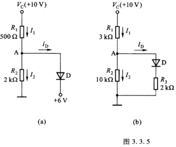 二极管电路如图3．3．5（a)和（b)所示。试估算流过二极管的电流和A点的电位。设二极管的正向压降为
