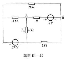 题图E1一19所示电路中，已知I=2 A，UAB=6 V，求电阻R的值。 请帮忙给出正确答案和分析，