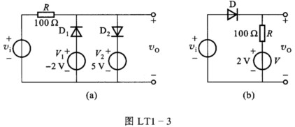 图LT1－3所示电路中的二极管是理想的，试画出输出电压的波形。设vi=6sinωt（V)。图LT1-