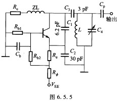 某振荡器电路如图6．5．5所示。 1)试说明各元件的作用； 2)当回路电感L=1．5μH时，要使振某