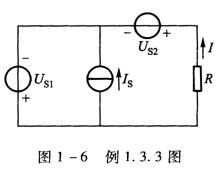 图1—6所示电路中，已知：US1=15 V，US2=5 V，IS=1A，R=5Ω。求电路中各元件上的