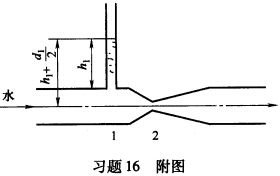 在习题16附图所示的水平管路中，水的流量为2．5L／s。已知管内径d1=5cm，d2=2．5cm，液
