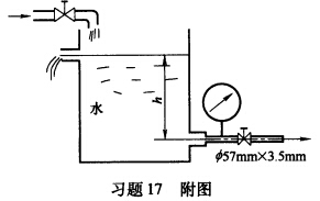 如习题17附图所示的常温下操作的水槽，下面的出水管直径为φ7mm×3．5mm。当出水阀全关闭时，压力