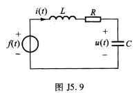 已知某电路如图J5．9所示，R=2 Ω、L=1 H、C=1 F，以电容上的电压U（T)为输出，f（t