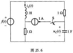 如图J5．6所示电路，t=0时开关打开，已知f（t)：=2e－2tε（t)，试用复频域分析法，求t≥