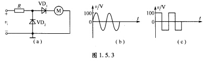 用如图1．5．3所示的电路测量正弦交流电压，已知直流电表M的指针偏转程度正比于流过表头的电流平均值，