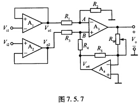 图7．5．7所示为增益线性可调的差动放大器，若电路满足R1=R2=R3=R4。 （1)分别求出A、B