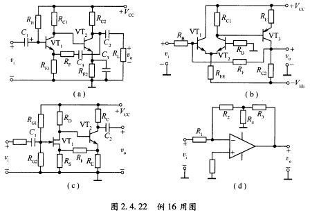 在图2．4．22所示的反馈放大器电路中，先指出级间反馈元件，再判断反馈放大器类型（例如电压串联负反在