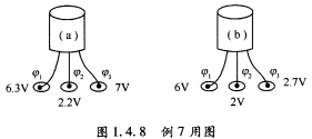 对放大电路中的两个晶体管进行测量，测得各电极电位如图1．4．8所示。试分别判断晶体管的类型（是NPN