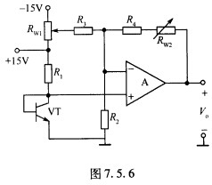 用PN结温度传感器配接的放大电路如图7．5．6所示。其中RW1和R3调节温度T和输出电压Va的对应关