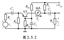 一个放大电路如图2．5．2所示，vs为幅度可调的正弦波信号。在集电极回路串接了一个直流电流表，通过电