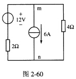 图2－60所示电路，12V恒压源单独作用时的电压U′mn＝8V；6A恒流源单独作用时的电压U〞mn（