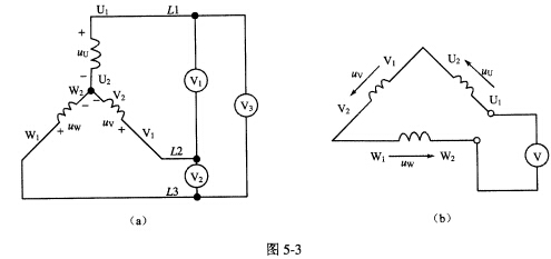 如图5－3（a)，（b)所示，分别为三相电源绕组作Y形与△形连接时的检测原理图。在检测接法无误后，才