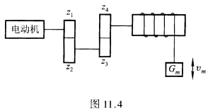 某升降机构如图11．4所示，电动机的转速n=95．0 r／min，传动机构的转速比j1=3，j2=4