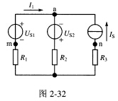 电路如图2－32所示，已知US1＝12V，US22＝32V，IS＝2A，R1＝4Ω，R2＝12Ω，R