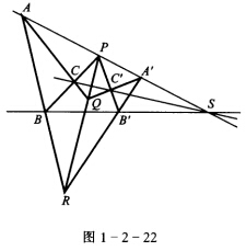 如图1—2—22，除点S外，任选其中一点作透视中心，求对应三点形和透视轴． 请帮忙给出正确答案和分析