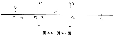 如图3．8所示，凸薄透镜L1和凹薄透镜L2的焦距分别为20cm和40cm，L2在L1右方40cm处，