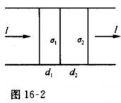 如图16－2所示，左右两边是电导率很大的导体，中间两层是电导率分别为σ1。和啦的均匀导电介质，其厚度