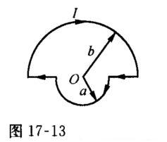 在如图17—13所示的回路巾，两共面半圆的半径分别为a和b，且有公共圆心O，当回路中通有电流I时，圆