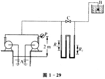 如图1—29所示的管路，用离心泵将池A中水输送至高位槽中，已知离心泵的特性曲线为He=25－0．00