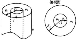 如图所示 一个磁导率为μ1，的无限长均匀磁介质圆柱体，半径为R1，其中均匀地通过电流I。在它外面如图