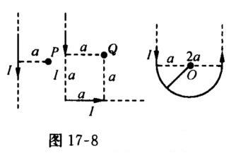 一根通有电流I的无限长直导线有如图17－8所示的三种形状，则点P、Q和。各处磁感应强度的大小BP、B