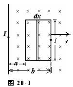 如图20－1 所示，一根长直导线载有恒定电流 。近旁有一个两条对边与它平行并与它共面的矩形线圈。以如