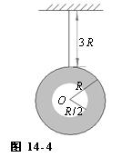 一个环形薄片由细绳吊着。环的外半径为R、内半径为R／2，并且电量Q均匀分布在环面上。细绳长3R，也有