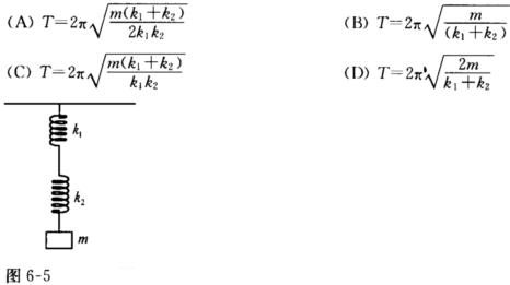 如图6－5所示，劲度系数分别为k1和k2的两个轻弹簧串联在一起，下面挂着质量为m的物体，构成一个竖挂